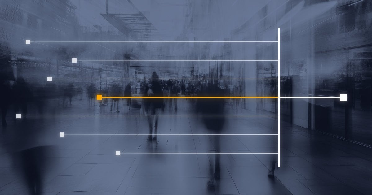 Busy retail setting overlaid with many lines joining into one, with an orange line for the critical path in a complex retail build.