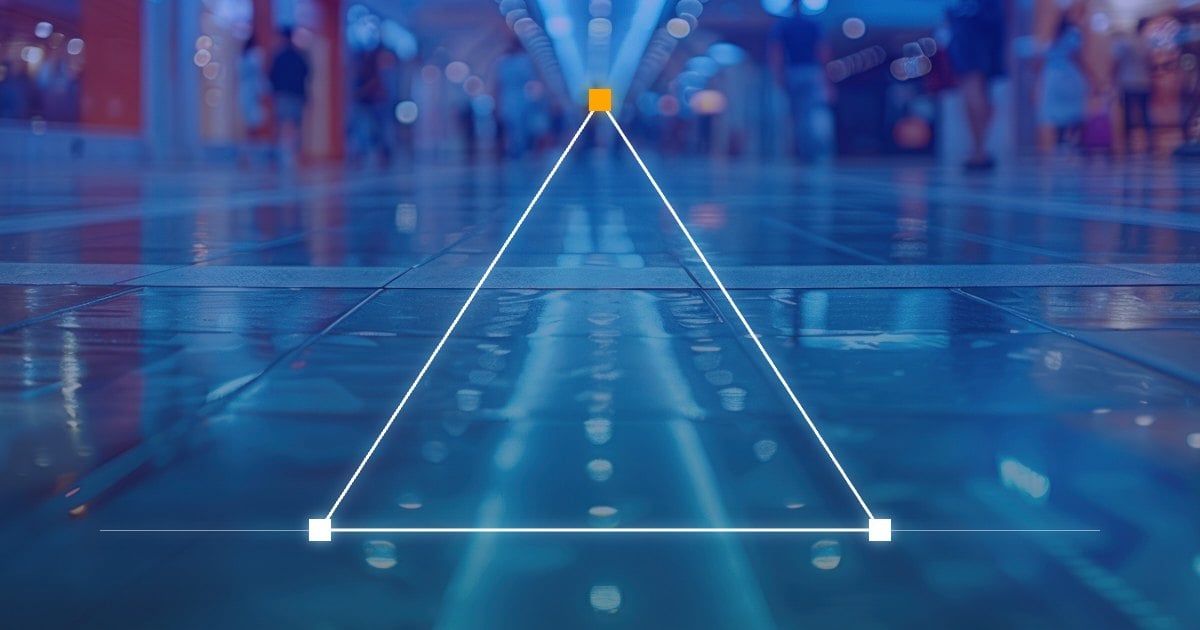 Shopping mall walkway overlaid with a white triangle showing the balance of scope, schedule, and budget in retail construction.