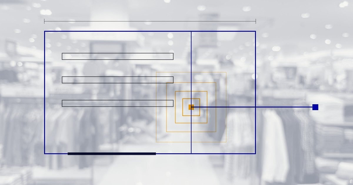 Retail store interior overlaid with a line drawing of a construction budget, with an orange target marking a cost overrun.